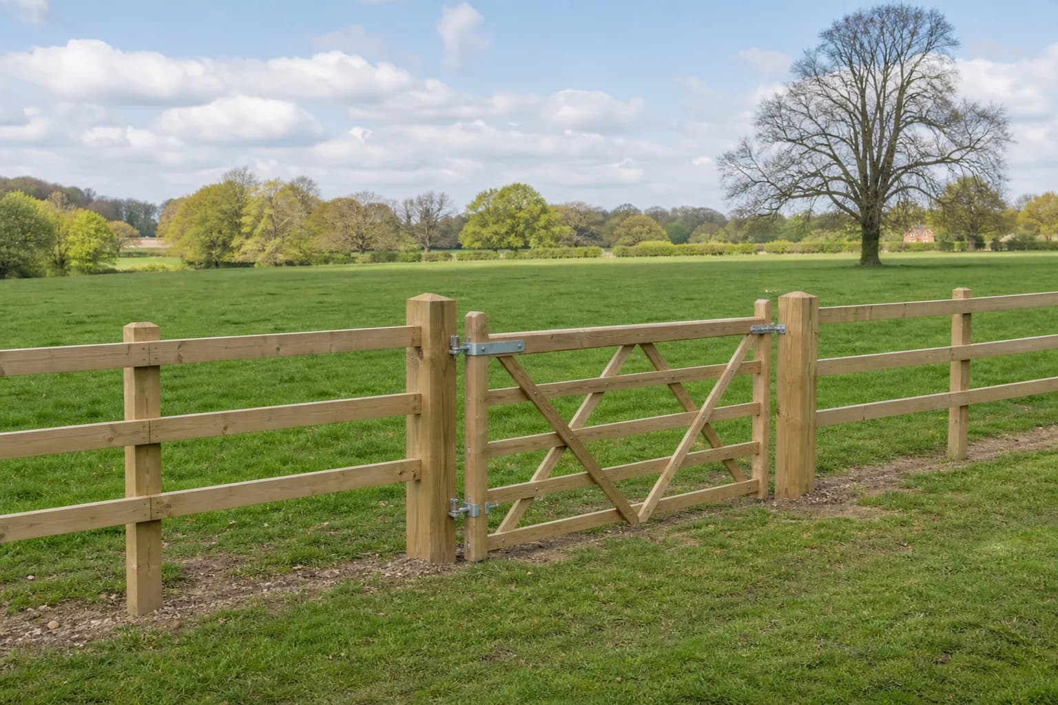 New post and rail fencing along a rural field boundary