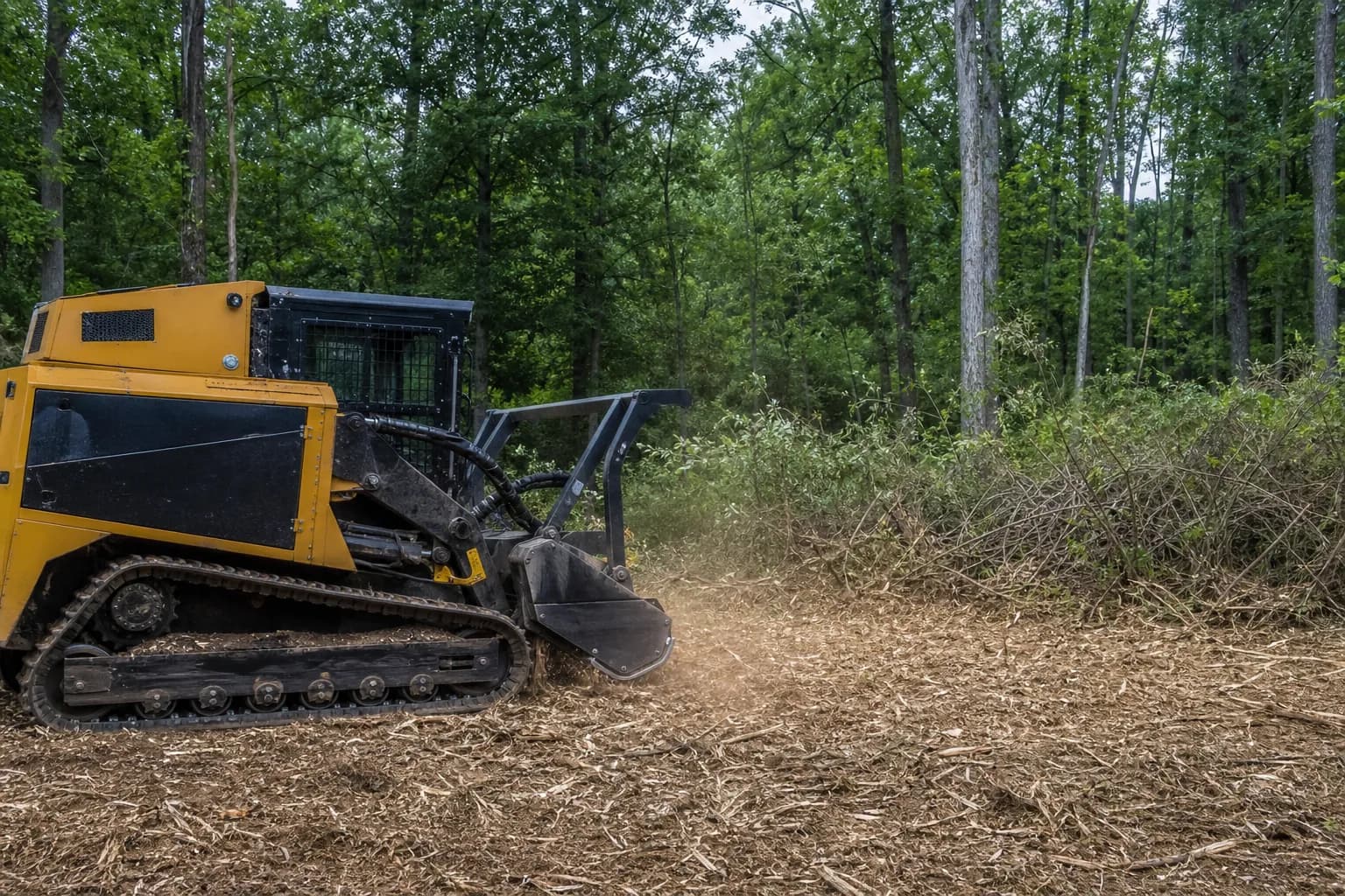 Forestry mulcher clearing woodland undergrowth and leaving a layer of mulch